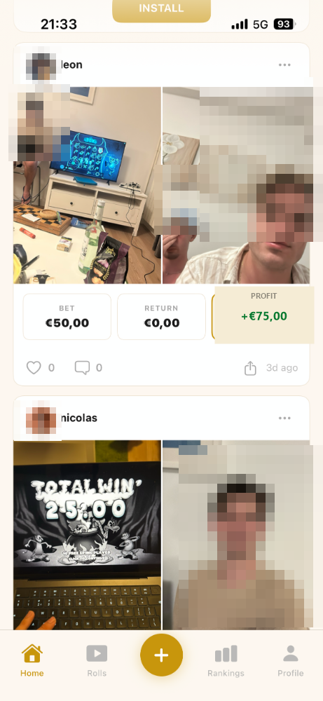 Rush app feed screen showing session posts with bet, return, and profit