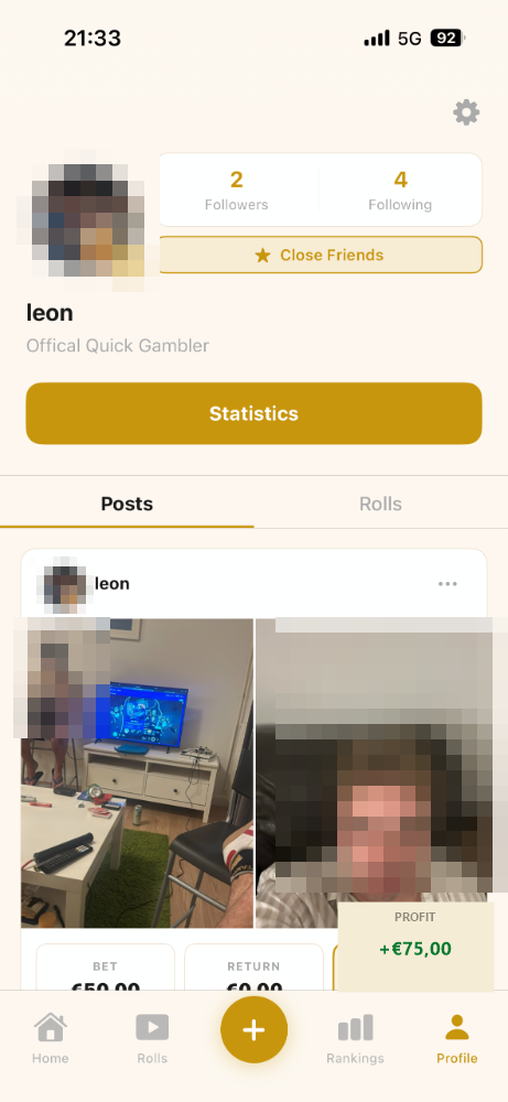 Rush app profile screen showing followers, following, and posts