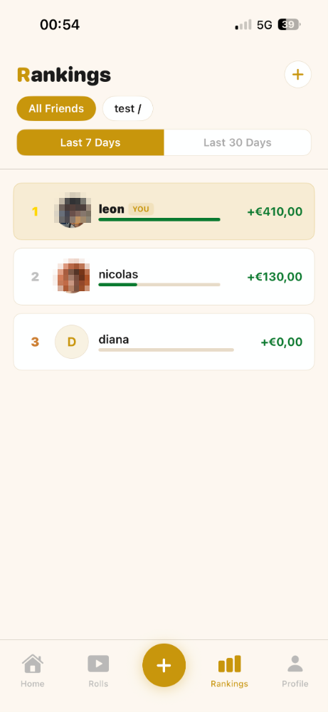 Rush app rankings screen showing a friends leaderboard